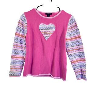 LAND’S END PINK and Striped Cotton Heart Sweater Sz Youth XL (16)